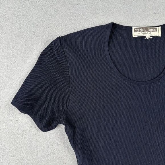 Worldly Things Styltricot‎ Knit Top Women’s 6 Navy Blue Short Sleeve Scoop Neck - Picture 7 of 16